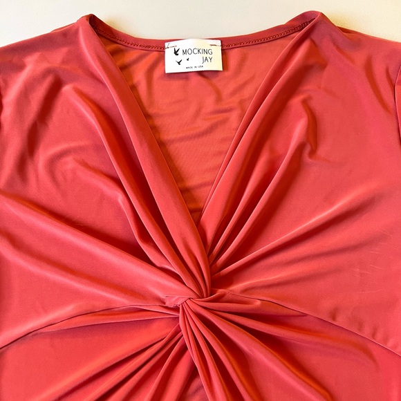 New, Mocking Jay Red Coral Stretchy Short Sleeves V-Neck Bodysuit. Size Small. - Picture 3 of 5